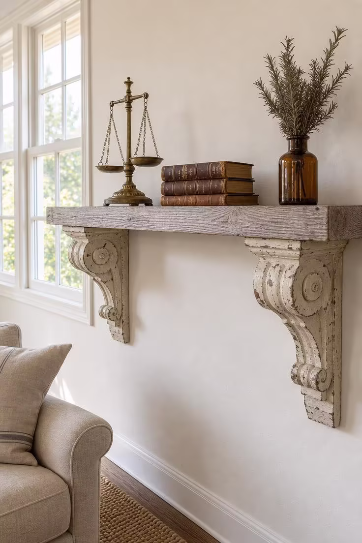 13 Charming Rustic Wall Decor Ideas With Natural Warmth 9 Chippy cream pine corbels supporting gray-washed plank mantel shelf with vintage brass scale in bright midday light