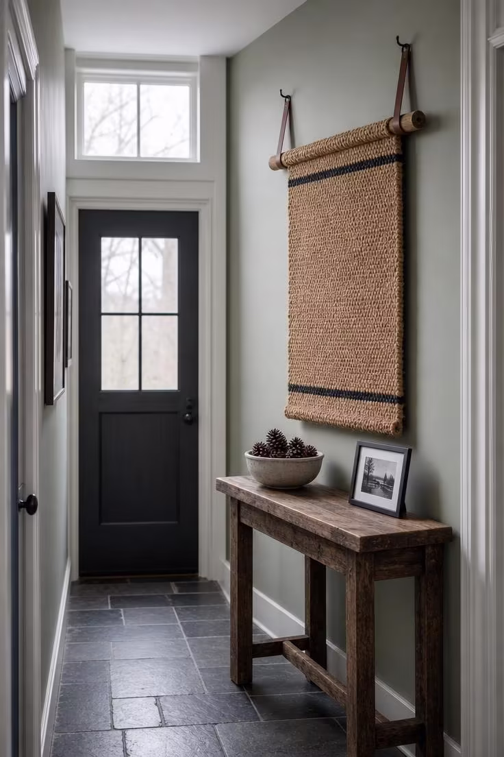 13 Charming Rustic Wall Decor Ideas With Natural Warmth 10 Woven jute rug panel on hickory dowel hanging in a narrow hallway with cool overcast light on sage wall