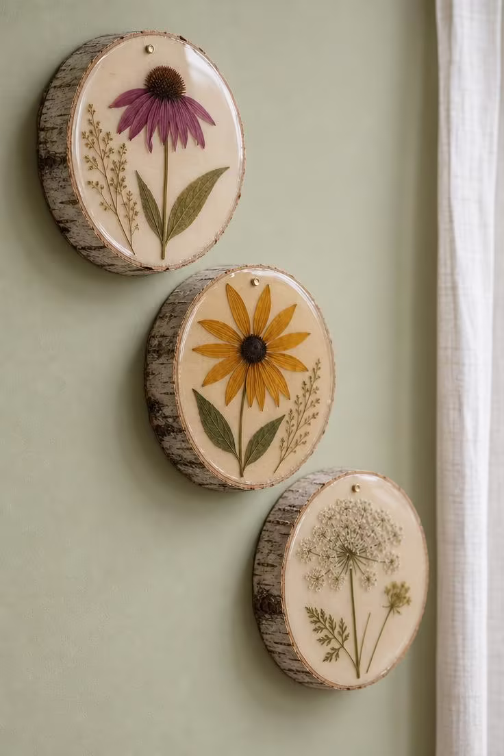 13 Charming Rustic Wall Decor Ideas With Natural Warmth 11 Three bark-on birch rounds with pressed wildflowers under resin arranged diagonally on pale sage wall in soft diffused light