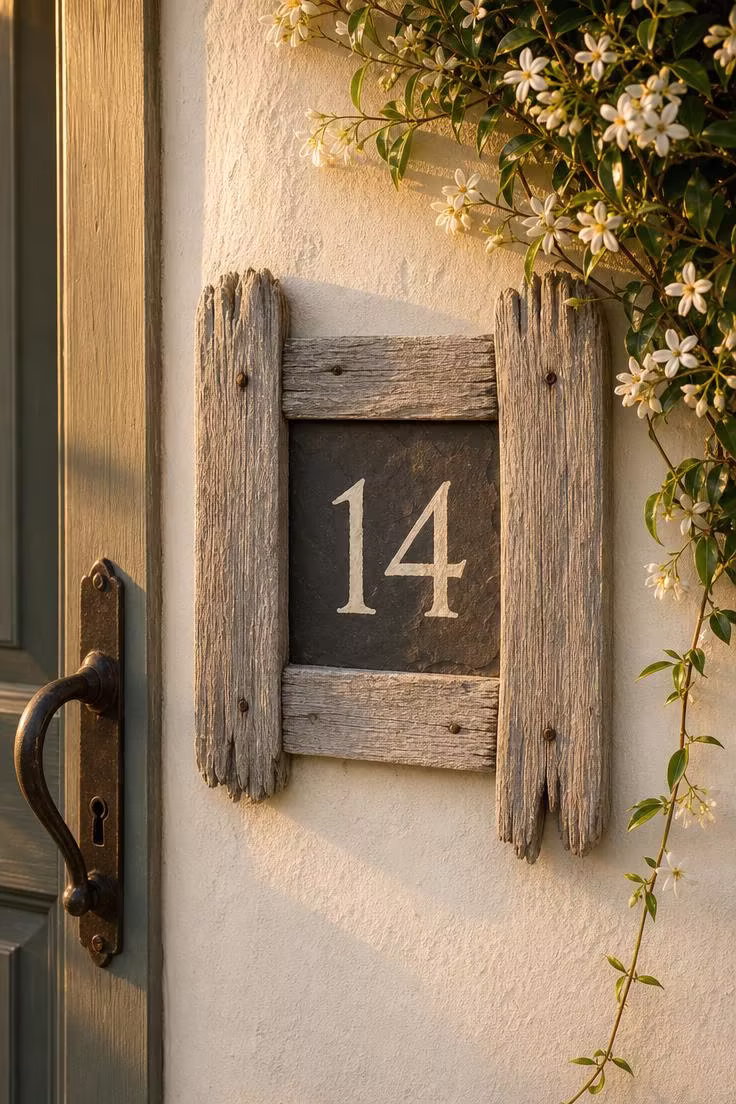 13 Charming Rustic Wall Decor Ideas With Natural Warmth 12 Reclaimed fence picket frame with hand-painted house number on slate beside a front door in warm golden hour light