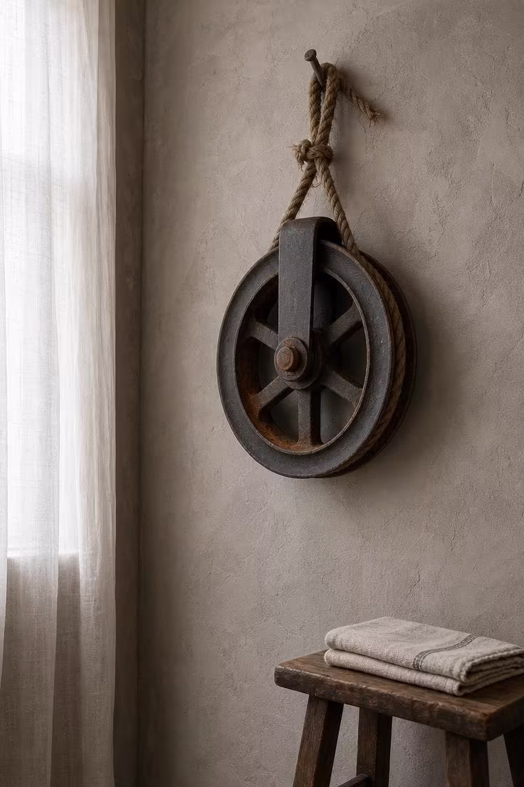 13 Charming Rustic Wall Decor Ideas With Natural Warmth 13 Aged iron pulley wheel hung from hemp rope on raw plaster wall in soft diffused light as sculptural accent