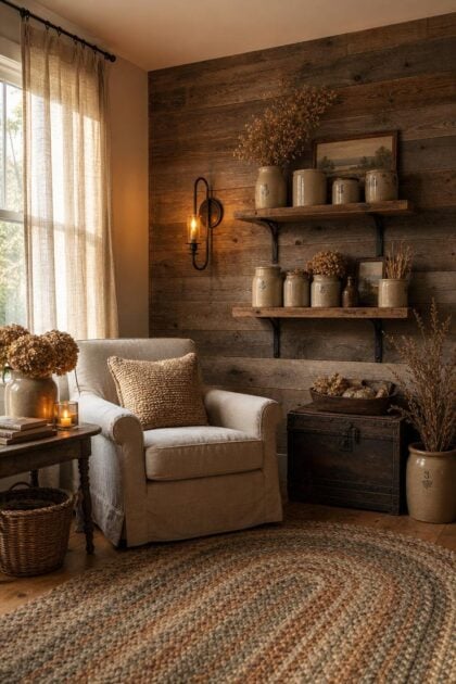 13 Charming Rustic Wall Decor Ideas With Natural Warmth Cozy living room corner with reclaimed barn wood wall, rustic shelves, iron sconce, and linen armchair in warm golden afternoon light