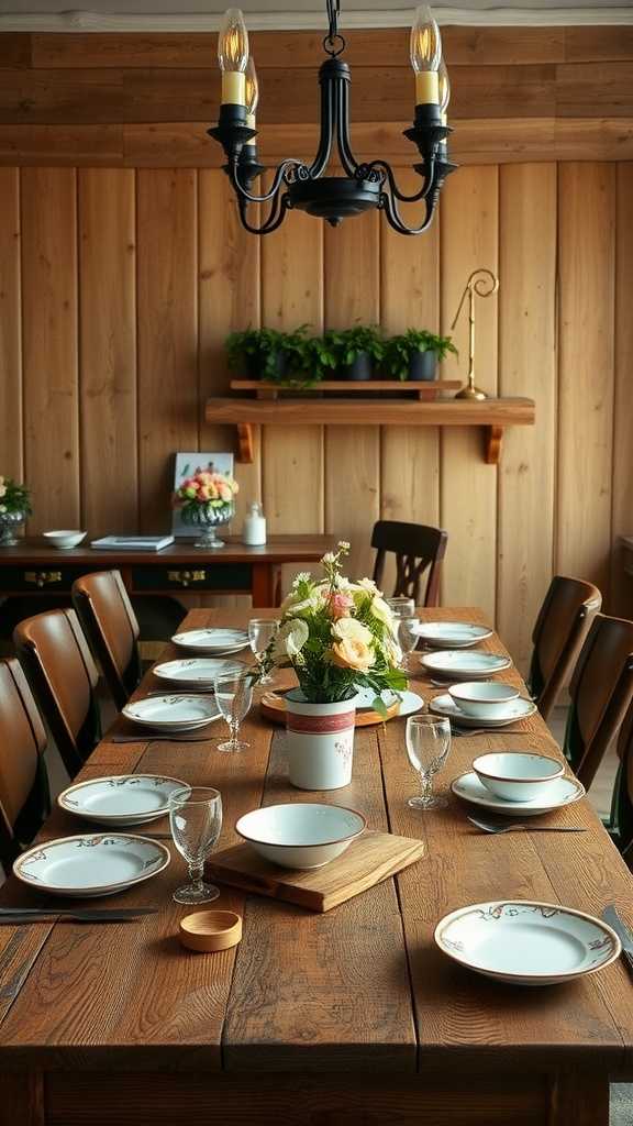 A rustic dining table set for a meal in a cozy farmhouse kitchen.