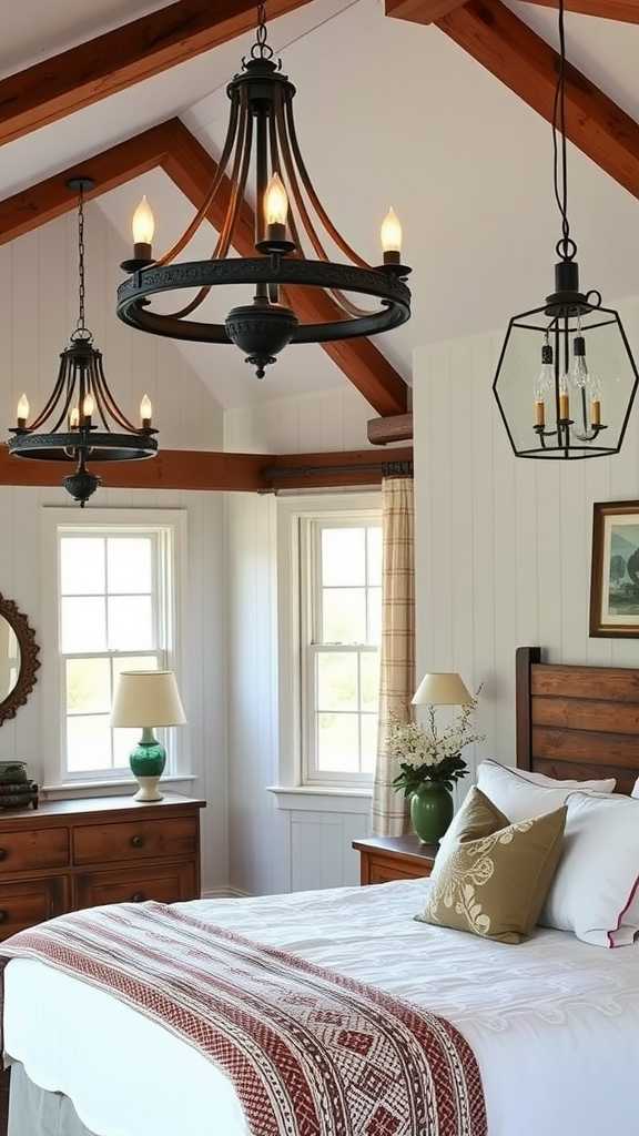 Rustic farmhouse bedroom with a chandelier and wall sconces