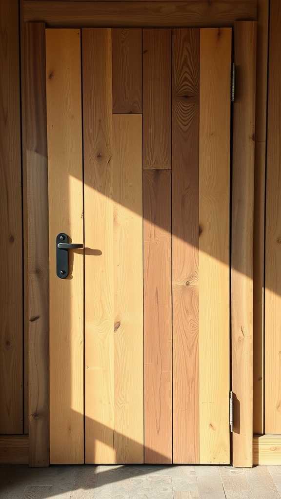 A rustic wooden pantry door with natural wood grains and a black handle.