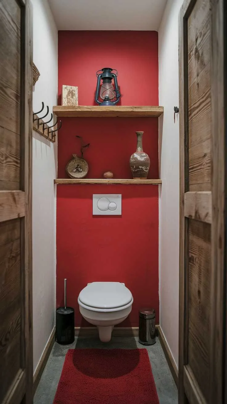 13 Red Bathroom Decor Ideas to Transform Your Space 10 A rustic bathroom featuring dark red walls, wooden shelves, and decorative items.