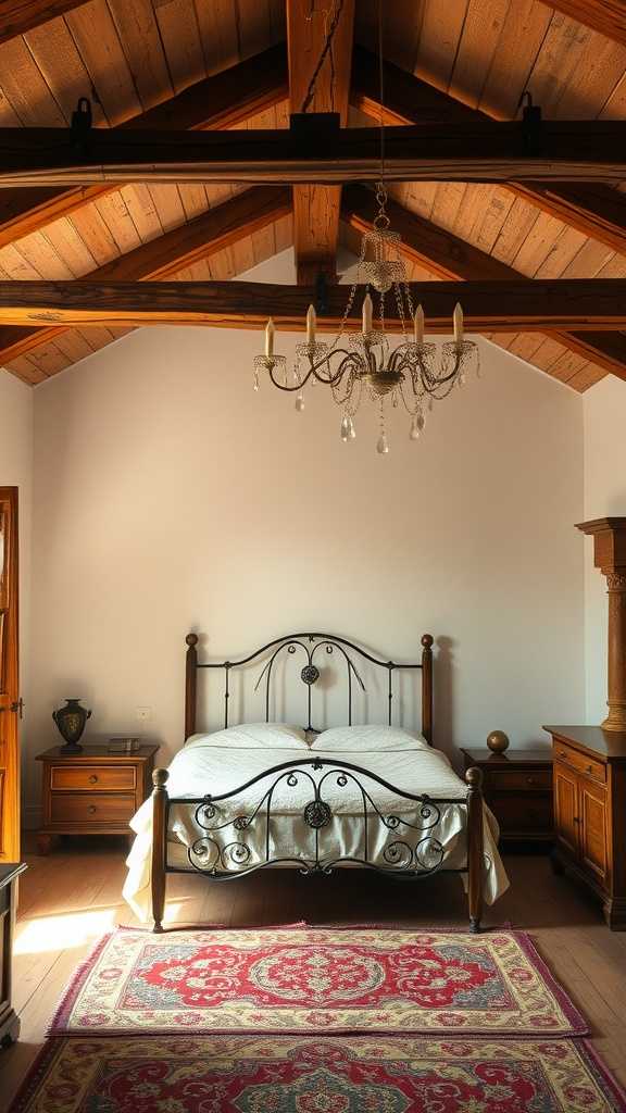 A vintage bedroom with rustic wooden beams and elegant decor.