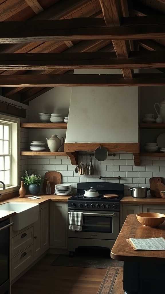 A rustic farmhouse kitchen with wooden beams and open shelving filled with various dishes and pottery.