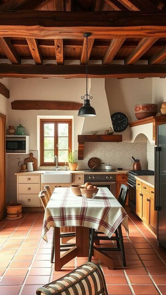 A cozy Spanish Mediterranean kitchen featuring rustic wooden beams and terracotta tiles.