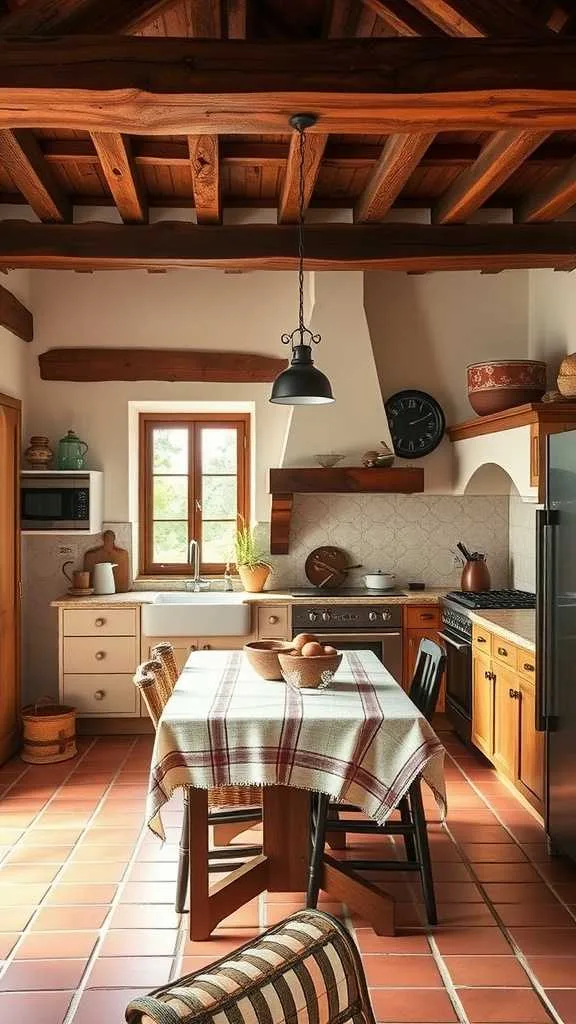 19 Stunning Spanish Mediterranean Kitchen Design Ideas 4 A cozy Spanish Mediterranean kitchen featuring rustic wooden beams and terracotta tiles.