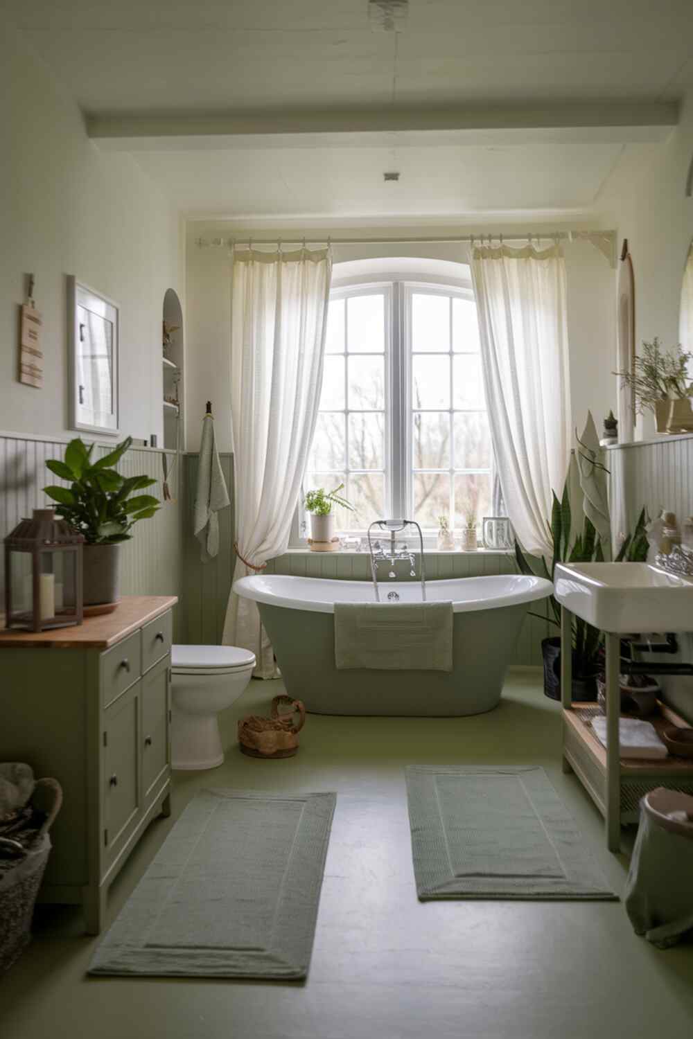 A sage green bathroom