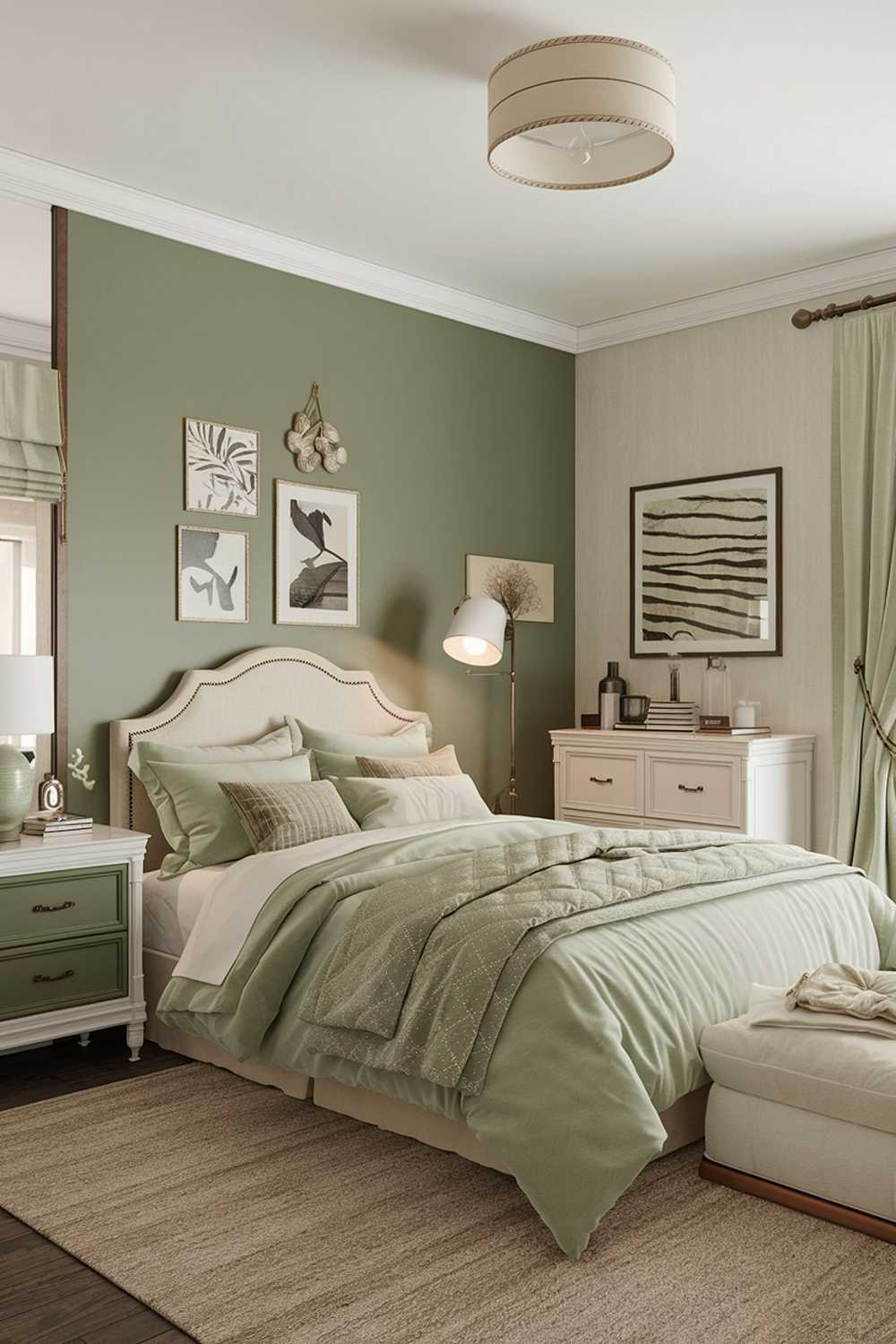 A cozy sage green bedroom decor image. The room has a sage green accent wall, a white bed with a sage green comforter, and a white dresser with a sage green drawer. There is a beige rug on the floor. The room has a ceiling light and a floor lamp. The walls have a few pieces of wall art.