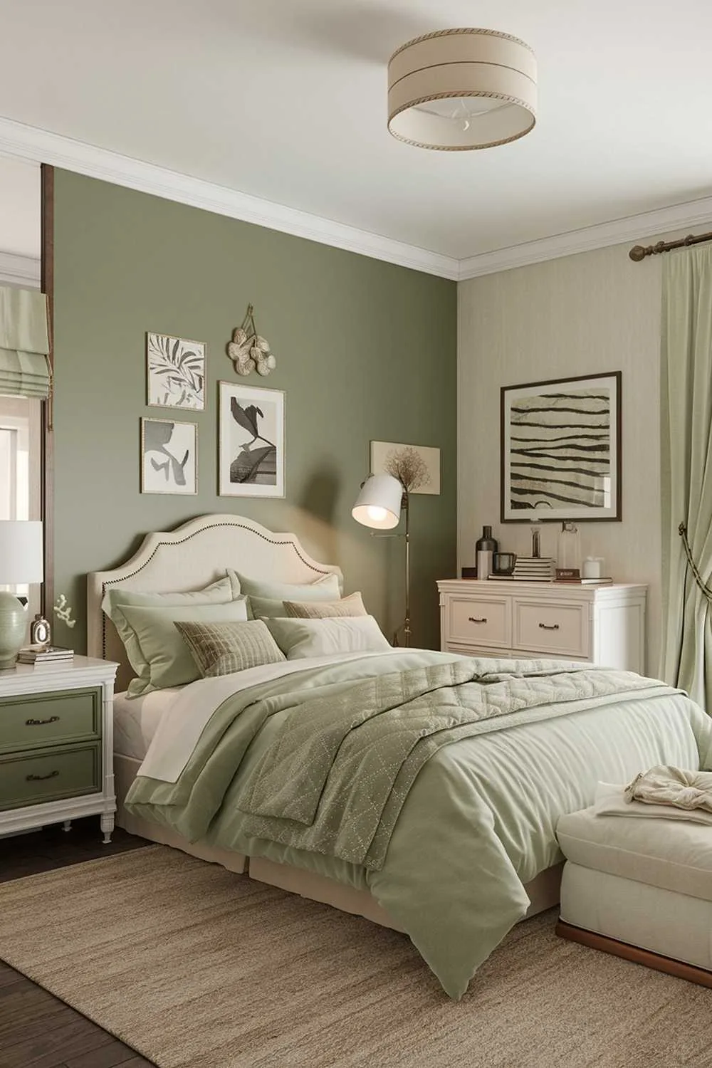 27 Must-See Sage Green Bedroom Ideas for Sweet Dreams 1 A cozy sage green bedroom decor image. The room has a sage green accent wall, a white bed with a sage green comforter, and a white dresser with a sage green drawer. There is a beige rug on the floor. The room has a ceiling light and a floor lamp. The walls have a few pieces of wall art.