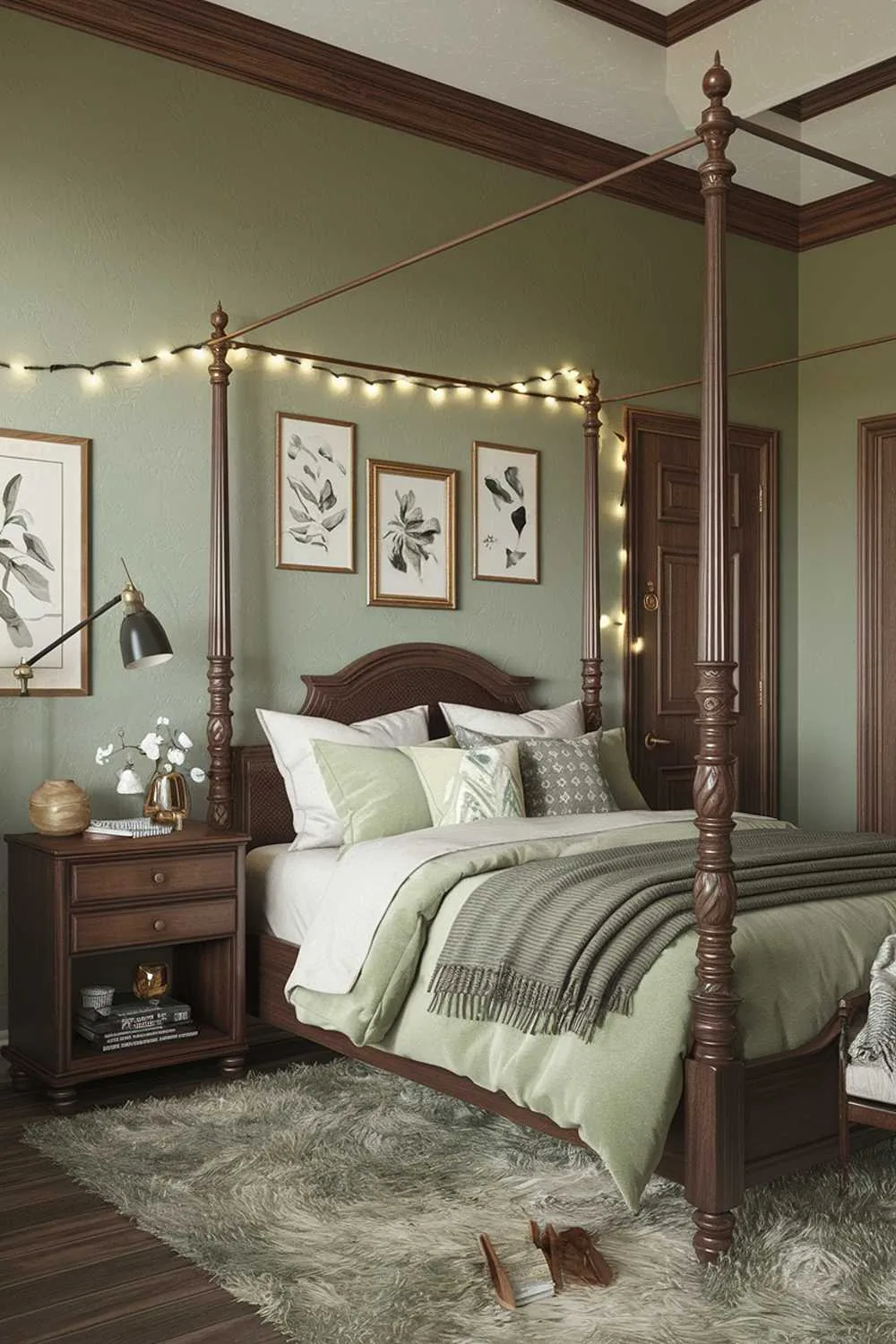 27 Must-See Sage Green Bedroom Ideas for Sweet Dreams 2 A sage green bedroom decor with a four-poster bed, a plush rug, a wooden nightstand, a reading lamp, and a few decorative items. The walls are adorned with framed artwork and a string of fairy lights. The room has a wooden ceiling and a door.
