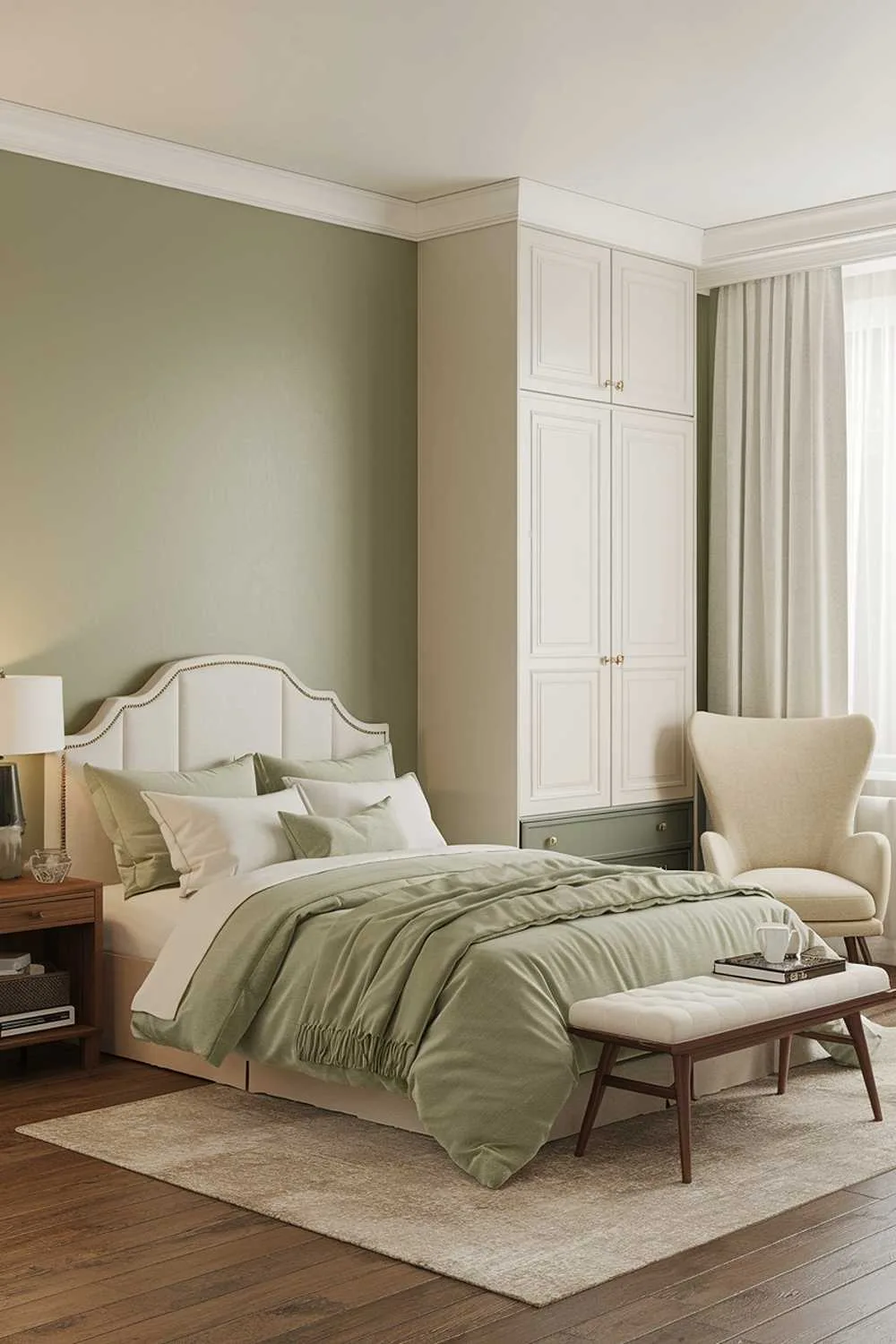27 Must-See Sage Green Bedroom Ideas for Sweet Dreams 3 A sage green bedroom decor. The room has a queen-size bed with a white headboard and a sage green comforter. There is a wooden nightstand beside the bed with a white lamp. A beige chair is placed near the bed. There is a white wardrobe with a sage green drawer at the back. The walls are painted sage green. The floor is wooden. There are white curtains beside the window. A beige rug is placed under the bed.