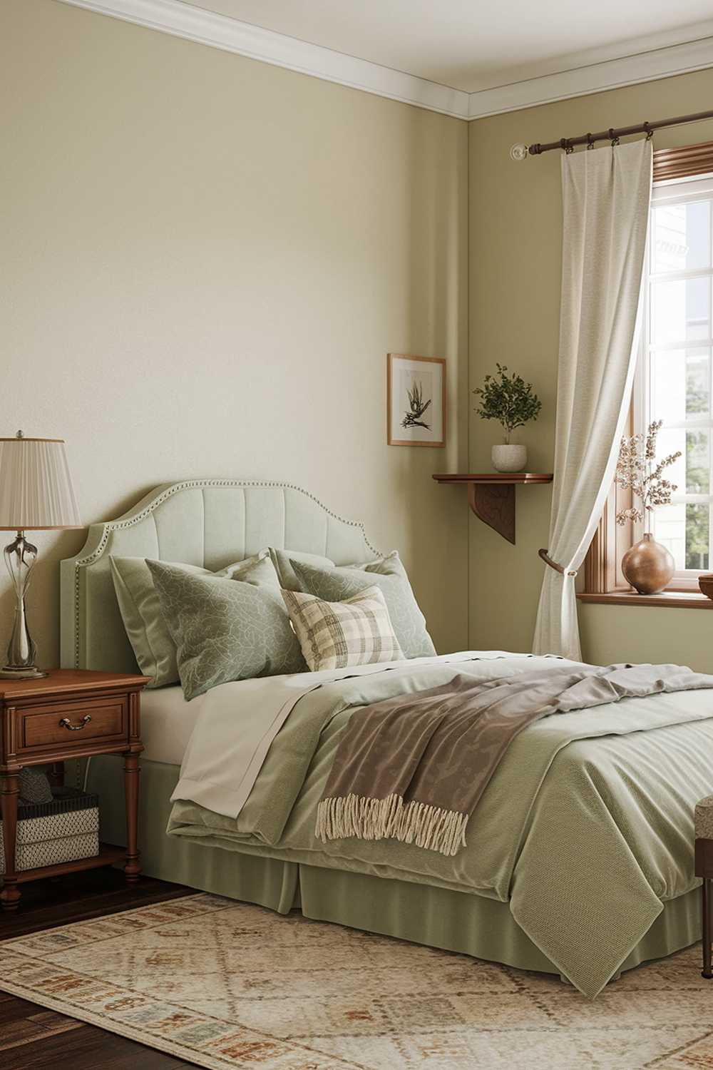 A sage green bedroom decor with a queen-sized bed, a wooden nightstand, a reading lamp, and a decorative pillow. There is a beige area rug beneath the bed. The walls are painted in a soft beige color. The room has a small wooden shelf near the window with a plant pot and a decorative item. The window has white curtains.