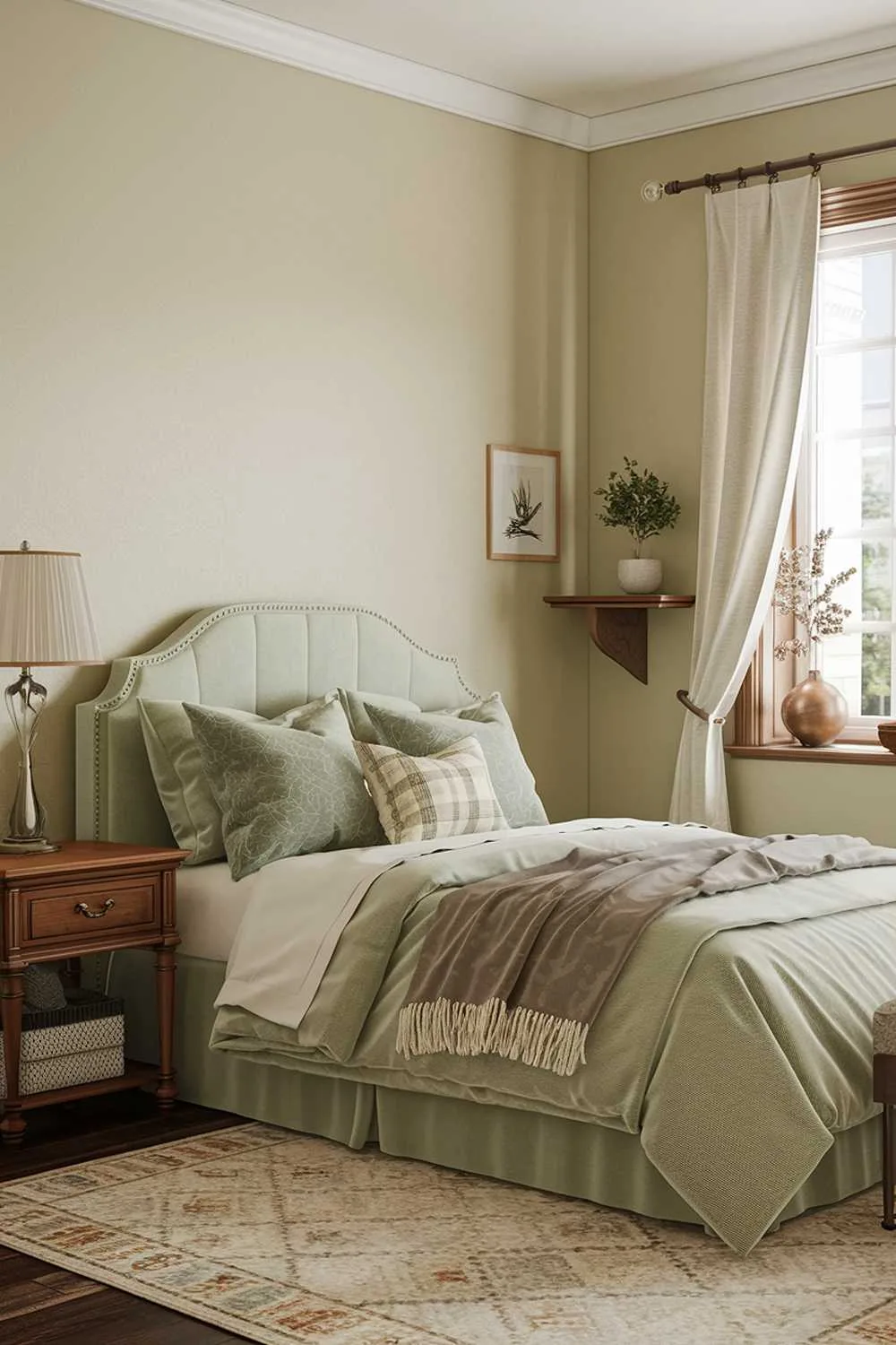 27 Must-See Sage Green Bedroom Ideas for Sweet Dreams 4 A sage green bedroom decor with a queen-sized bed, a wooden nightstand, a reading lamp, and a decorative pillow. There is a beige area rug beneath the bed. The walls are painted in a soft beige color. The room has a small wooden shelf near the window with a plant pot and a decorative item. The window has white curtains.