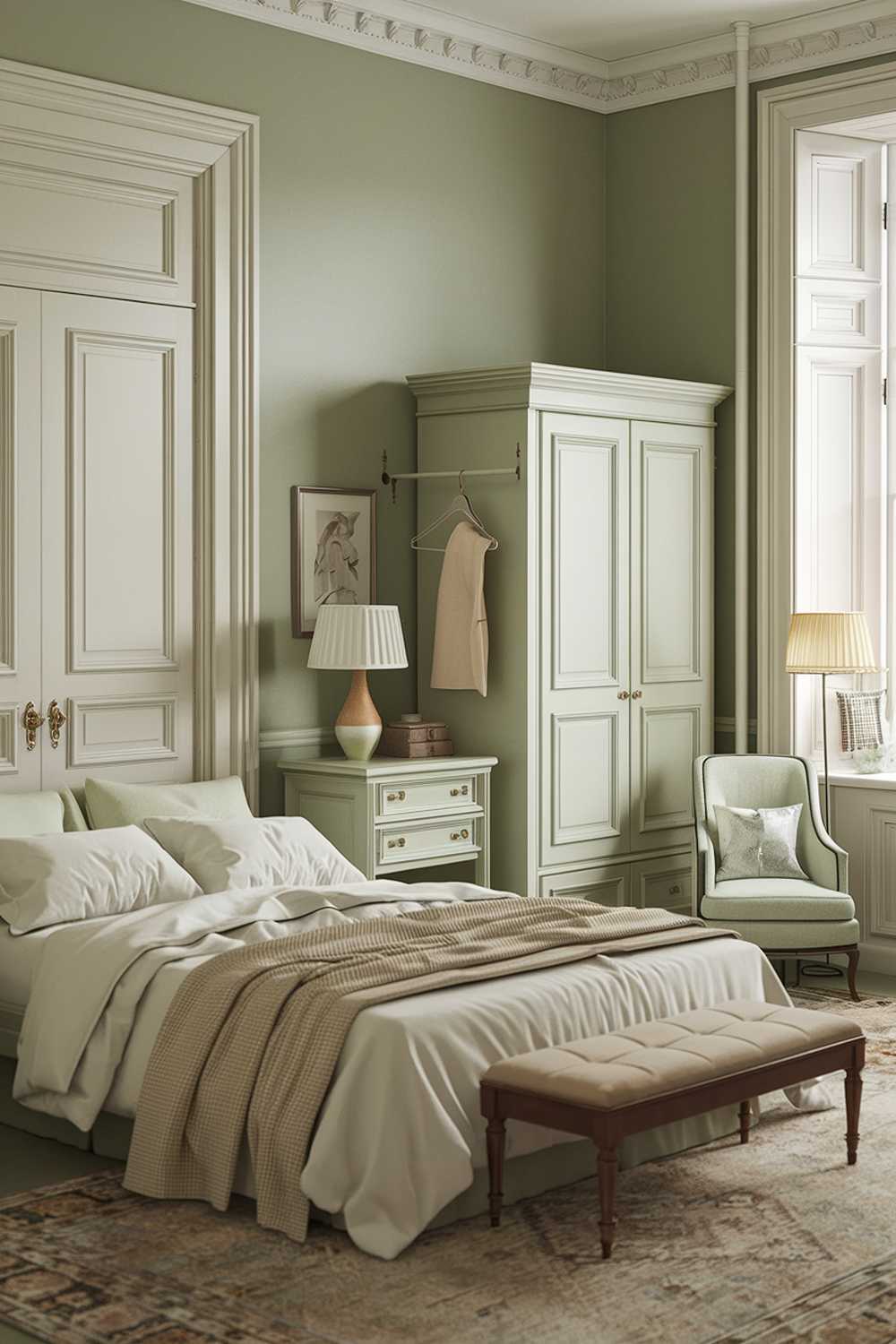 A sage green bedroom decor with a queen-sized bed, a nightstand, a wardrobe, a chair, and a lamp. The walls and furniture are painted in a soft sage green hue. The bed is made with white sheets and a beige blanket. The nightstand has a lamp and a vase. The wardrobe has a hanger. The chair is placed near the window. There is a rug on the floor. The room has white trimmings around the windows and doors.