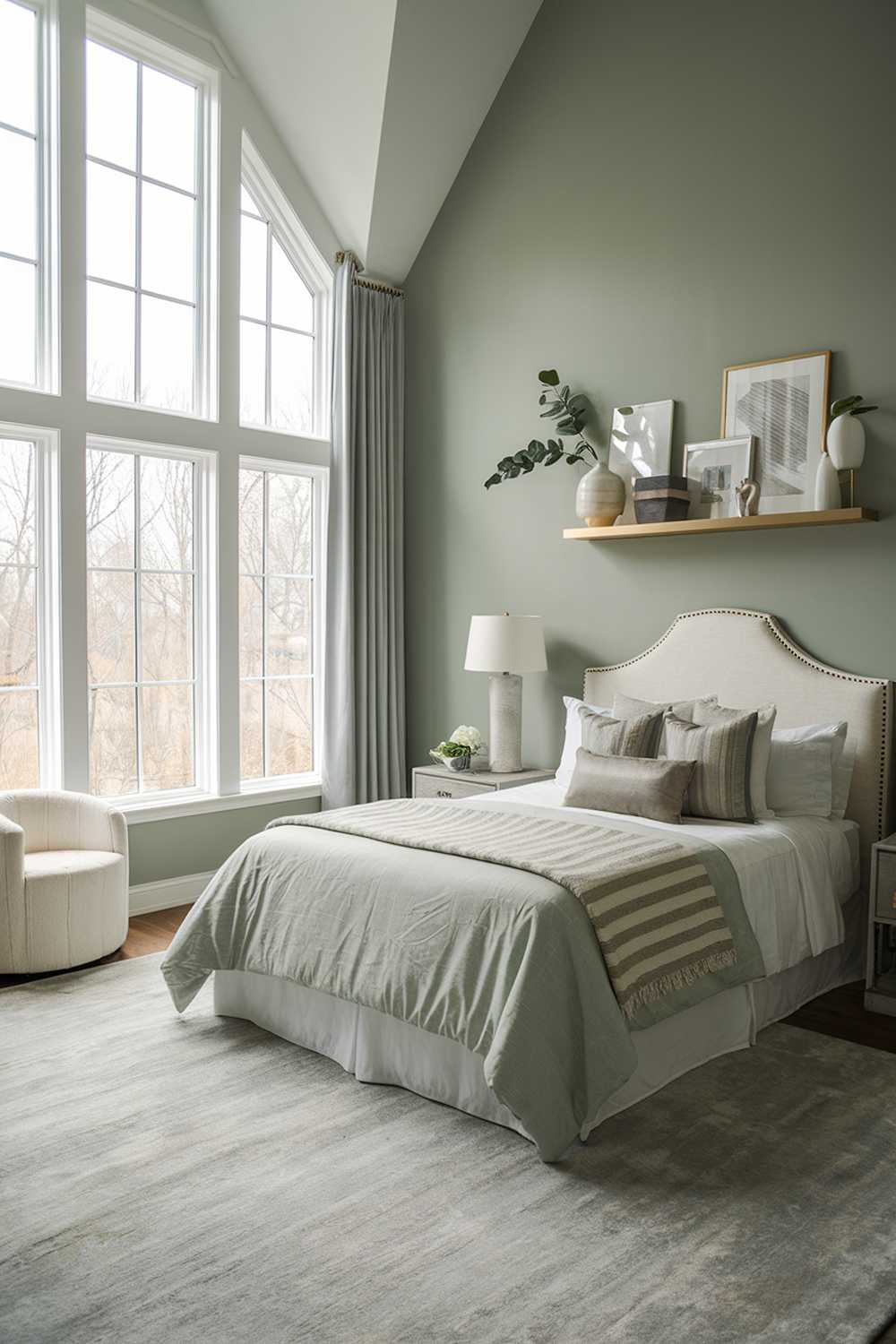 A sage green bedroom decor. The room has a high ceiling and large windows that let in natural light. There's a queen-size bed with a white headboard. On the wall above the bed, there's a floating shelf with a few decorative items. The floor is covered with a soft grey rug. There's a white chair in the corner. The walls are painted sage green.