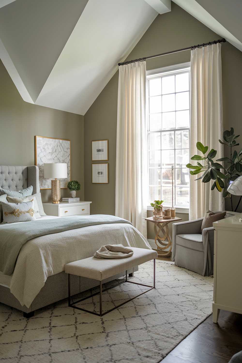 A sage green bedroom decor. The room has a high ceiling and is filled with natural light. There's a large window with white curtains. The room contains a queen-size bed with a grey headboard, a beige rug, a white dresser, a grey chair, and a plant. The walls, the furniture, and the textiles in the room are in shades of beige, grey, and sage green.