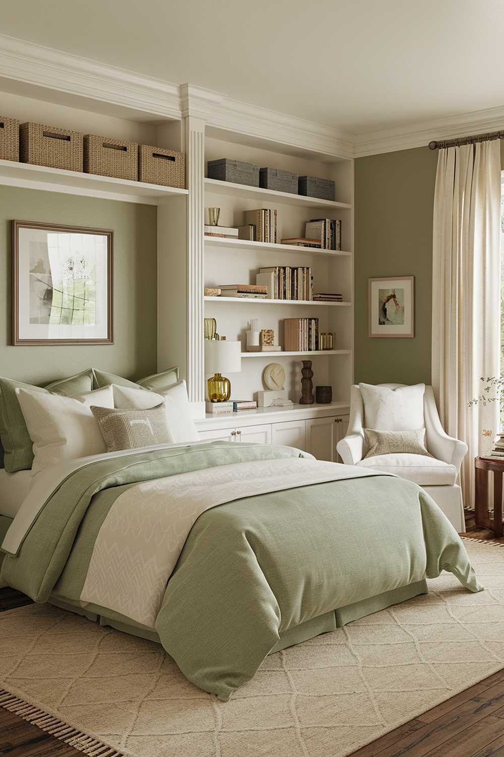 A sage green bedroom design and decor. The bedroom has a queen-size bed with a sage green coverlet and white pillows. There's a white bookshelf on the wall beside the bed, filled with books and decorative pieces. The floor is covered with a beige area rug. There's a white chair in the corner, near the window. The walls are painted sage green. The room has a warm, inviting atmosphere.