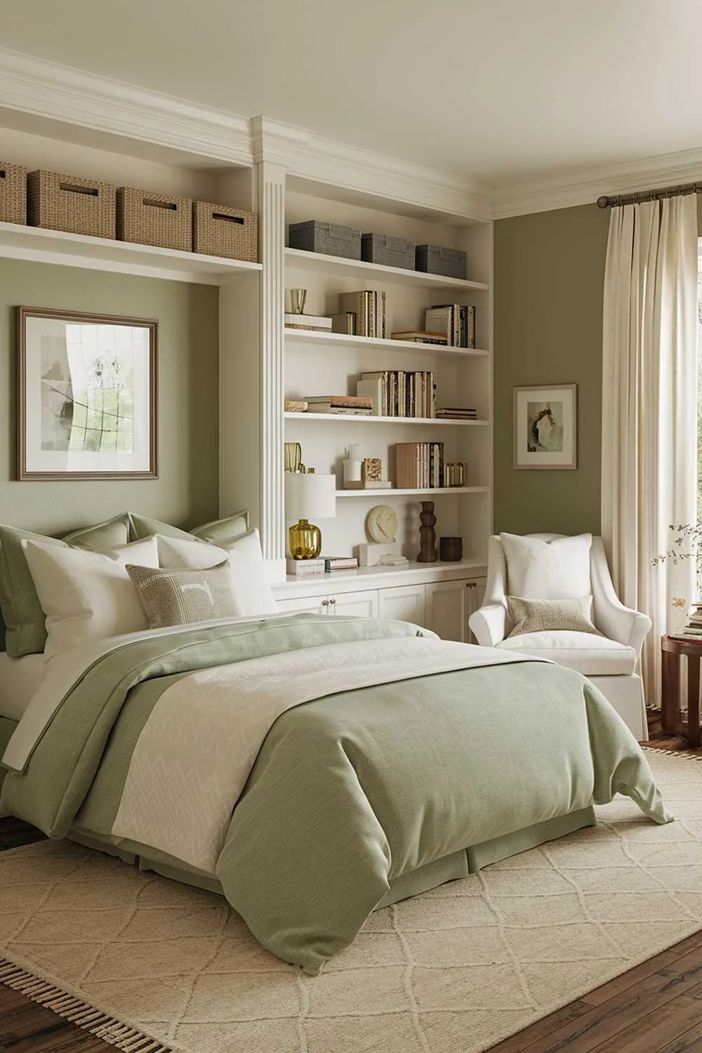 27 Must-See Sage Green Bedroom Ideas for Sweet Dreams 8 A sage green bedroom design and decor. The bedroom has a queen-size bed with a sage green coverlet and white pillows. There's a white bookshelf on the wall beside the bed, filled with books and decorative pieces. The floor is covered with a beige area rug. There's a white chair in the corner, near the window. The walls are painted sage green. The room has a warm, inviting atmosphere.