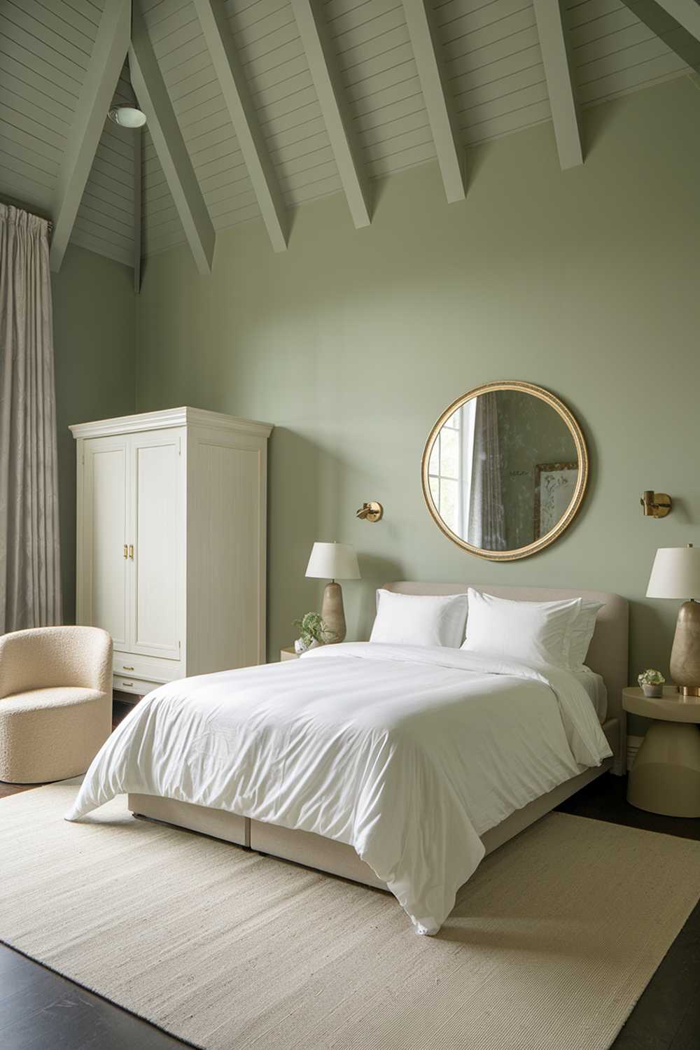 A sage green bedroom with a high ceiling. The room has a queen-size bed with a white duvet and two white pillows. There's a beige area rug beneath the bed. On the wall opposite the bed, there's a large, round mirror with a gold frame. The room has a white wardrobe, a gold lamp on a beige side table, and a beige chair in the corner. The walls and ceiling are painted in a soft sage green hue.