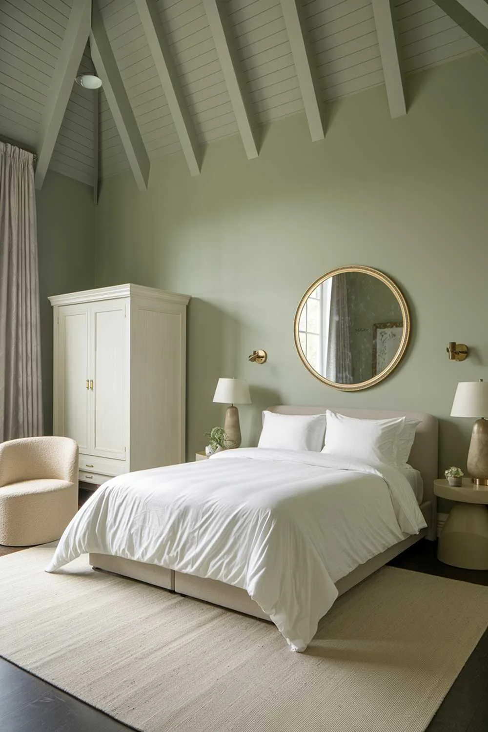 27 Must-See Sage Green Bedroom Ideas for Sweet Dreams 9 A sage green bedroom with a high ceiling. The room has a queen-size bed with a white duvet and two white pillows. There's a beige area rug beneath the bed. On the wall opposite the bed, there's a large, round mirror with a gold frame. The room has a white wardrobe, a gold lamp on a beige side table, and a beige chair in the corner. The walls and ceiling are painted in a soft sage green hue.