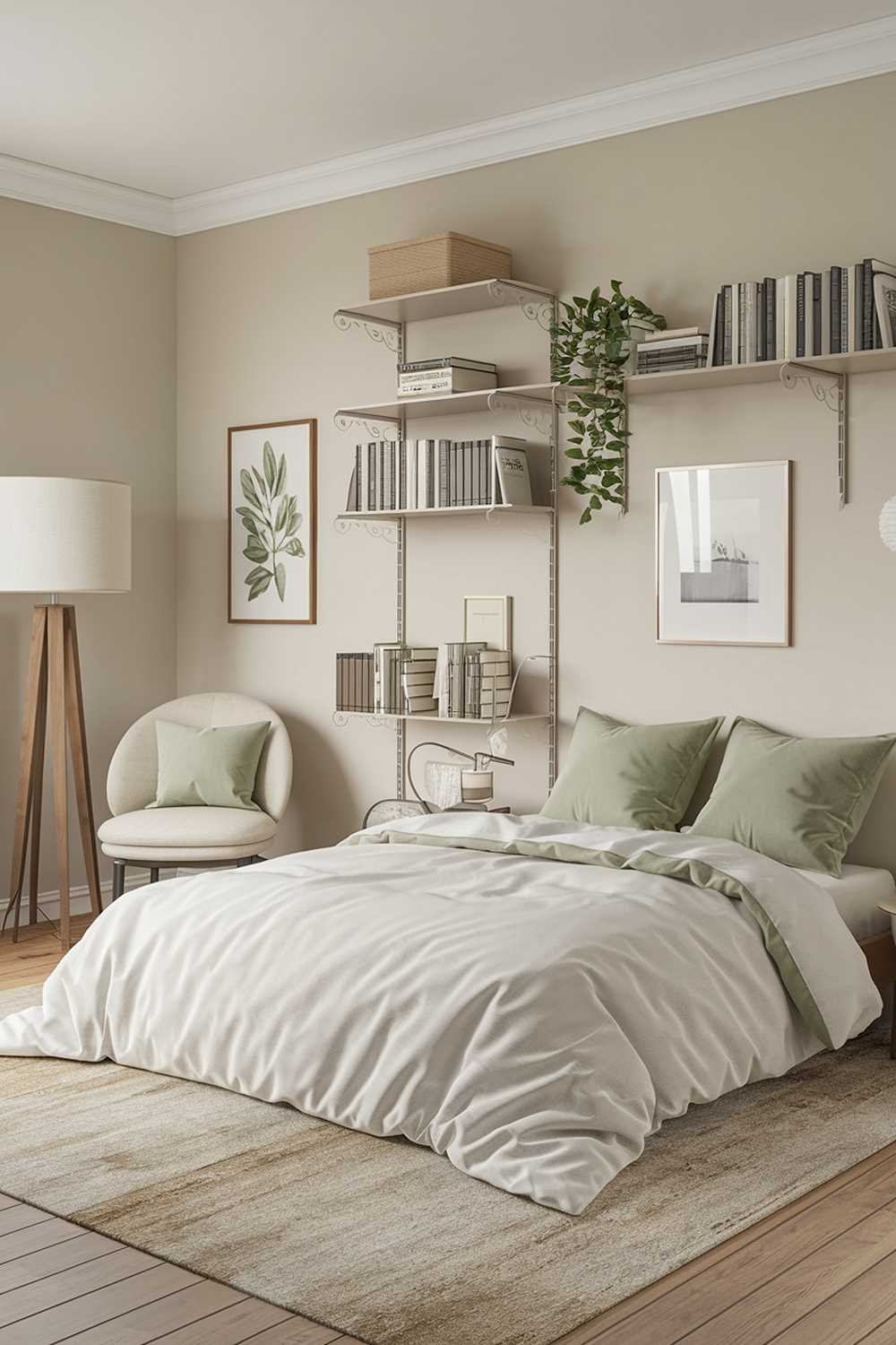 A bedroom decor with sage green accents. The room features a queen-size bed with a white duvet and two sage green pillows. A beige area rug covers the wooden floor. On the wall next to the bed, there's a white bookshelf filled with books and a small plant. A white chair with a sage green cushion sits near the bed. The walls are painted a light beige colour. The room is illuminated by a large white lampshade on a wooden stand near the bed.