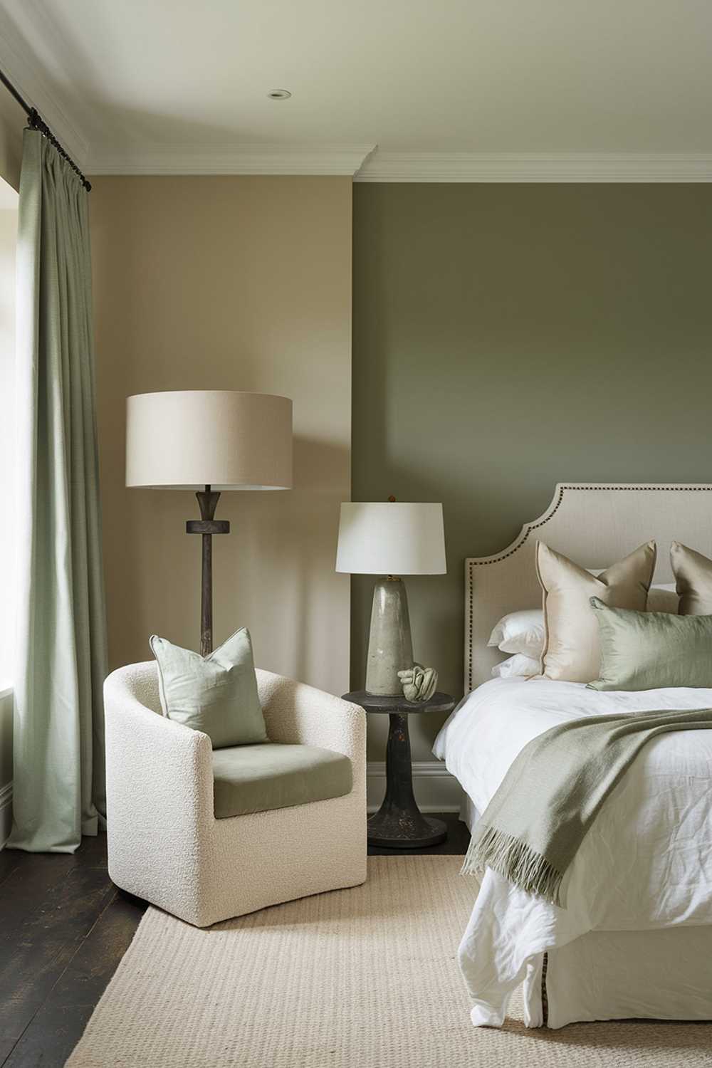 A bedroom with stylish decor. The room has a beige wall, a dark wooden floor, and a sage green accent wall. There's a white bed with beige pillows and a sage green throw blanket. There's a beige chair with a sage green cushion in the room. The room has a beige lampshade and a sage green lamp. The room has a beige rug.