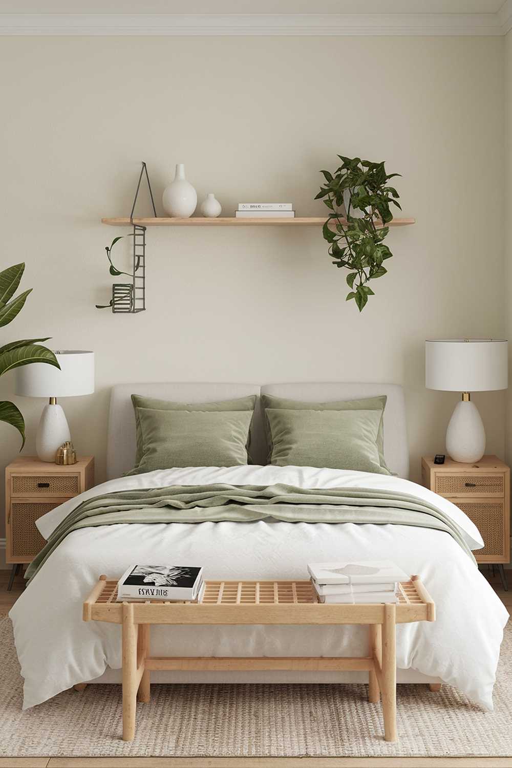 A stylish cozy bedroom decor with sage green accents. The room has a queen-size bed with a white duvet and two green pillows. There's a wooden bedside table on each side of the bed, one with a white lamp and a green plant, the other with a white lamp. Above the bed, there's a wall shelf with two white vases and a green plant. The floor is covered with a beige rug. The walls are painted beige.