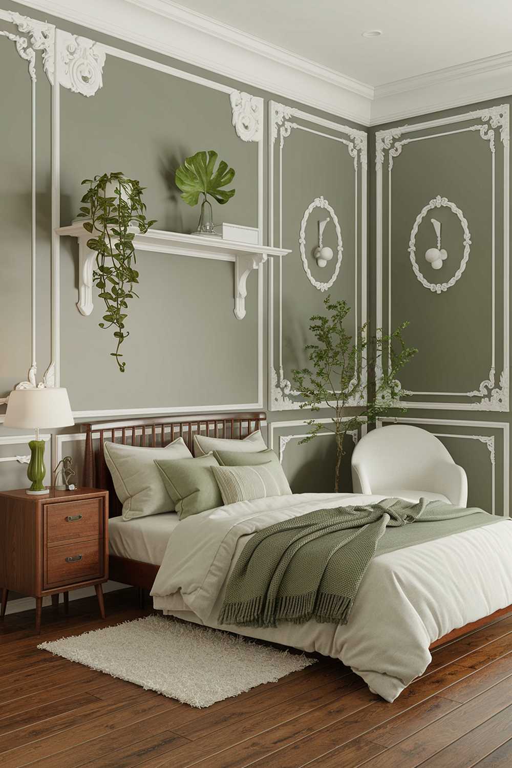 A cozy bedroom decor with sage green accents. The room has a wooden floor, a white bed with a sage green blanket and throw pillows. There's a wooden nightstand next to the bed with a white lamp and a green plant. The wall has a white shelf with a green plant and a white decorative item. The room has a white chair in the corner and a white rug on the floor. The walls have sage green accents and white details.