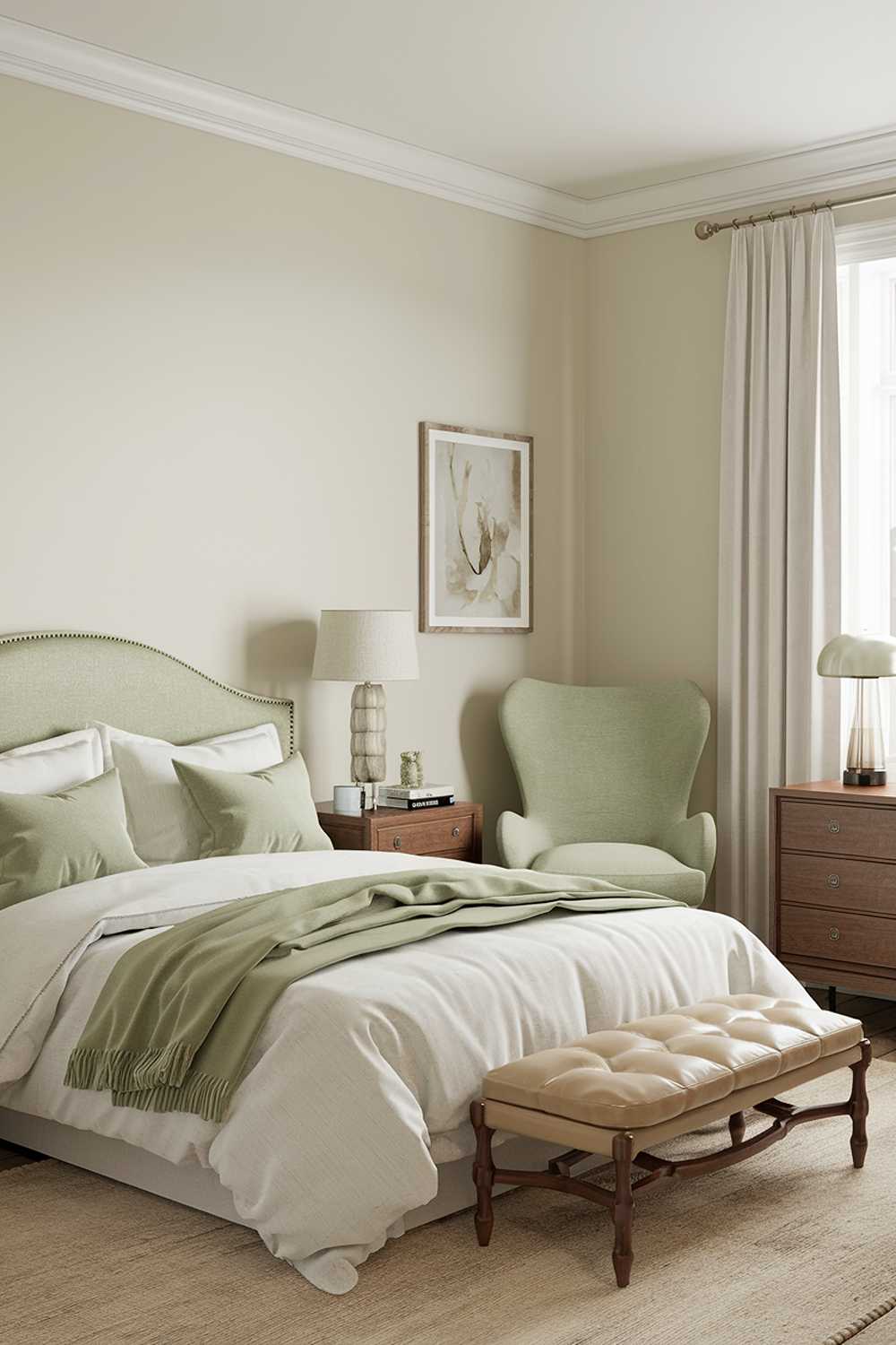 A bedroom decor with sage green accents. There is a queen bed with a white duvet and two green throw pillows. The walls are painted a soft beige color. There is a sage green chair in the corner. The room has a wooden dresser with a lamp and a simple white curtain. The floor is covered with a beige rug.