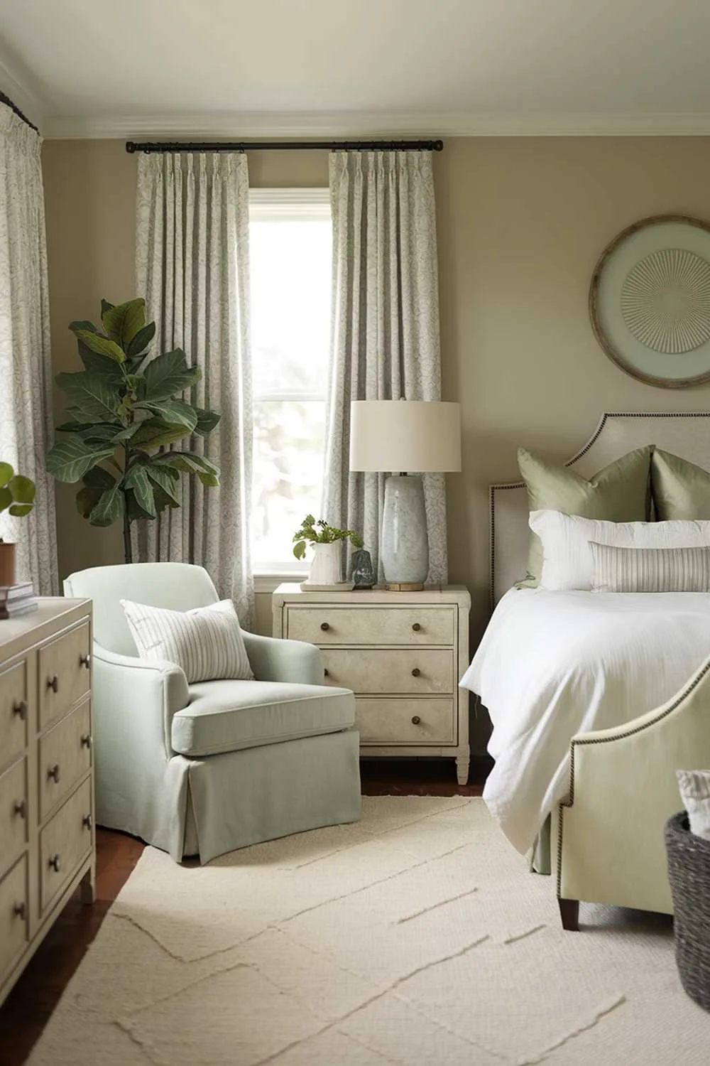 27 Must-See Sage Green Bedroom Ideas for Sweet Dreams 15 A bedroom with sage green accents. The room has a beige walls, a beige rug, and a white bed. There are sage green pillows on the bed and a sage green chair in the room. The room also contains a lamp, a plant, and a wooden dresser. The lighting is soft.
