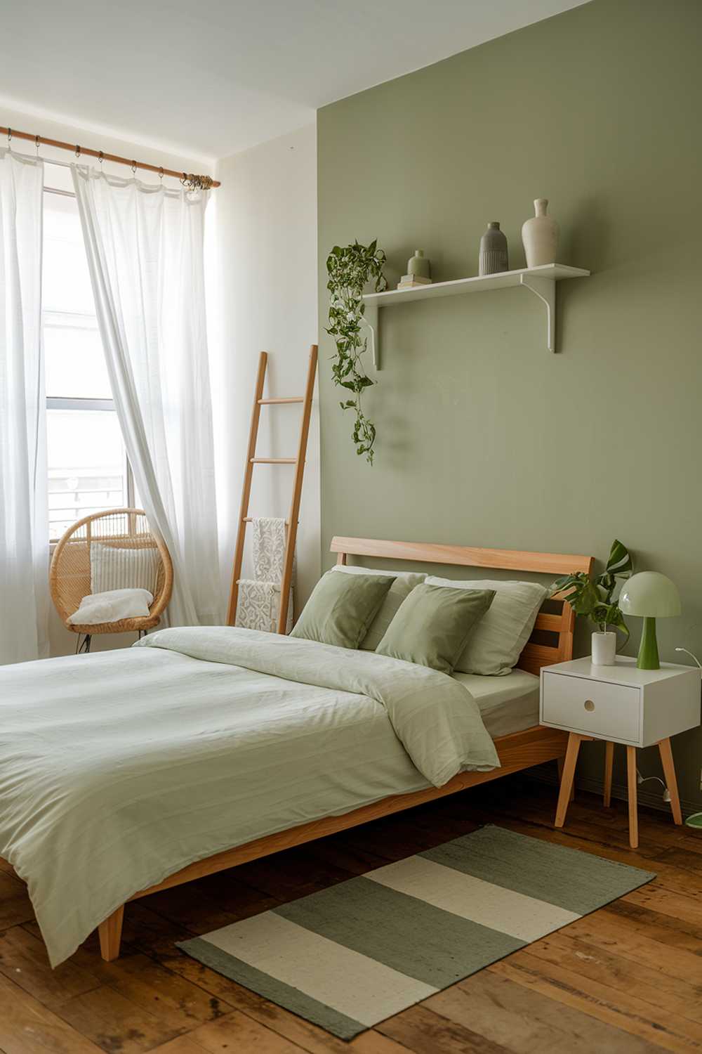 A bedroom with sage green accents. The room has a wooden floor and a large window with white curtains. There is a wooden bed with a white duvet and two green pillows. Next to the bed, there is a white nightstand with a green lamp and a green plant. The wall has a sage green accent wall and a white shelf with a green plant and a white vase. The room has a white chair in the corner and a wooden ladder next to it.