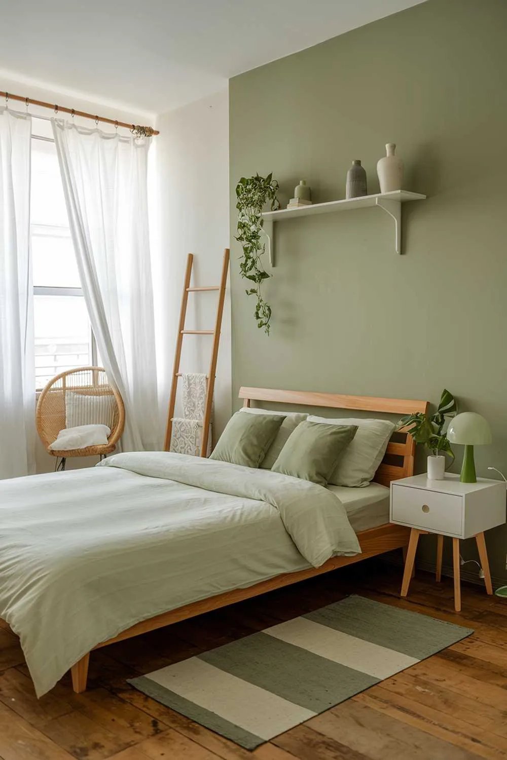 27 Must-See Sage Green Bedroom Ideas for Sweet Dreams 16 A bedroom with sage green accents. The room has a wooden floor and a large window with white curtains. There is a wooden bed with a white duvet and two green pillows. Next to the bed, there is a white nightstand with a green lamp and a green plant. The wall has a sage green accent wall and a white shelf with a green plant and a white vase. The room has a white chair in the corner and a wooden ladder next to it.