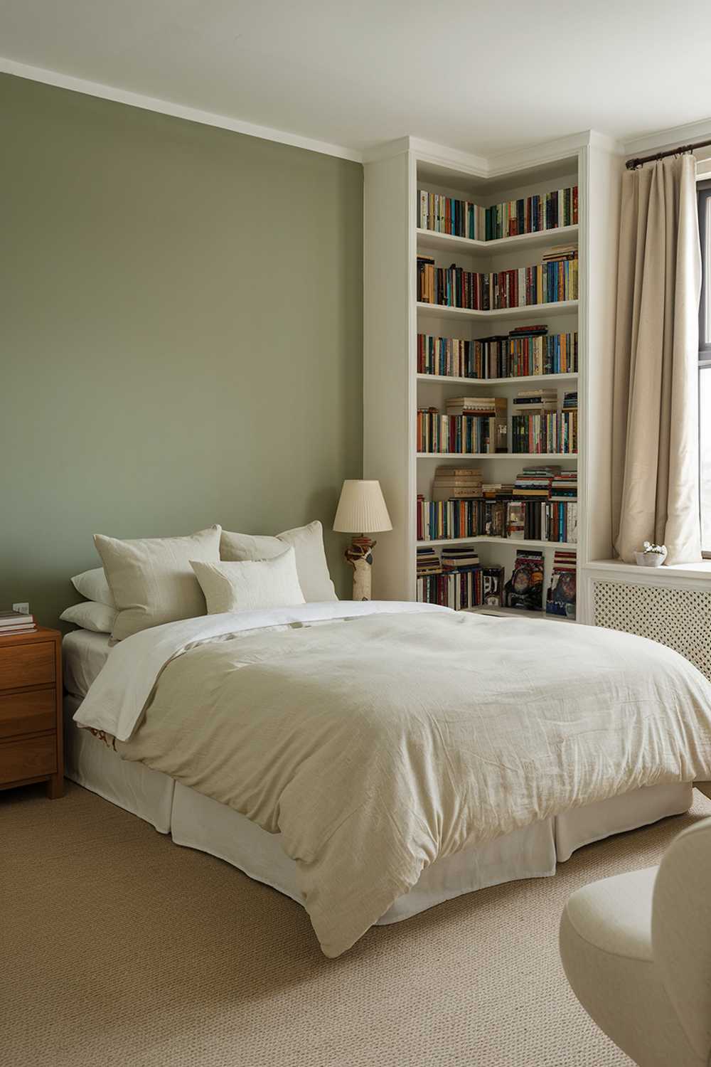  A bedroom with a sage green accent wall. The room features a queen-size bed with a beige duvet and white pillowcases. There's a wooden nightstand beside the bed with a white lamp. The floor has beige carpeting. The corner has a white bookcase filled with books. The window has beige curtains. The room has a beige chair in the corner.