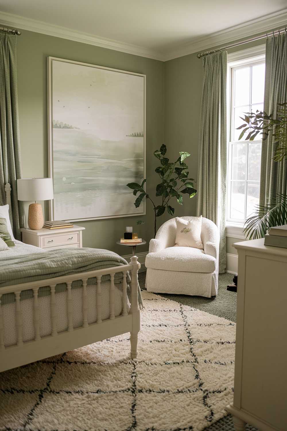 A cozy sage green bedroom with a plush white rug, a white wooden bed frame, and a white dresser. The walls are adorned with a large framed artwork of a serene landscape. The room also contains a white chair and a lamp. The window has sage green curtains. A plant adds a touch of greenery.