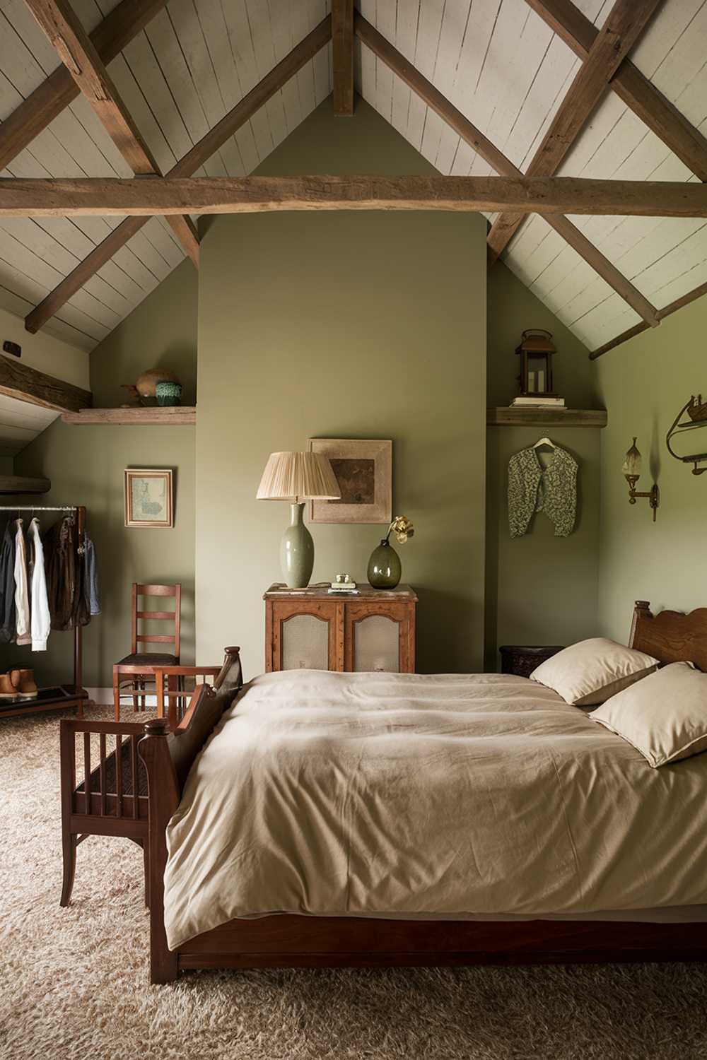 A cozy sage green bedroom with a high ceiling and wooden beams. There is a plush beige carpet on the floor. The room contains a large wooden bed with a beige duvet and two beige pillows. There is a sage green accent wall with a vintage wooden cabinet and a lamp. The cabinet has a beige lampshade and a green vase with a flower. There is a wooden chair next to the bed. The room has a few items of clothing hanging on a wooden rack. The walls have a few decorative items, including a framed artwork and a lantern.