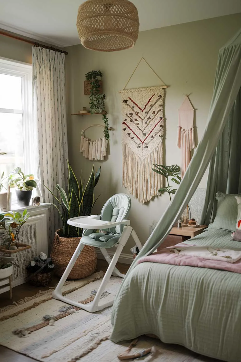 27 Must-See Sage Green Bedroom Ideas for Sweet Dreams 20 A sage green bedroom with a high chair and a canopy bed. The room is adorned with various decorative items, including a lampshade, a wall hanging, and a few plants. The floor is covered with a rug. There is a window with curtains in the room.