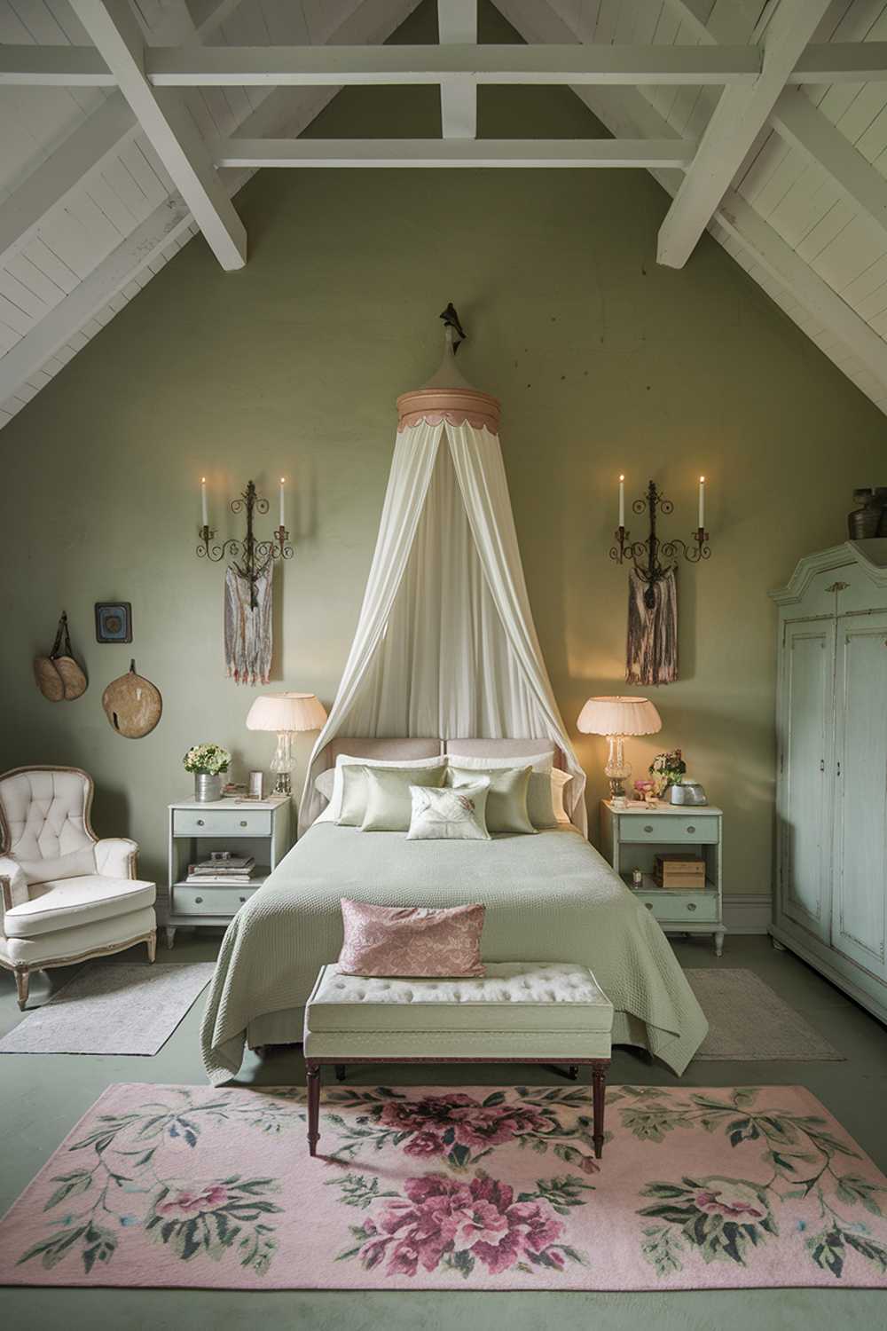 A sage green bedroom with a high ceiling and vintage elements. The room features a queen-sized bed with a white canopy. A pink floral rug is placed at the foot of the bed. There are two nightstands on either side of the bed, each with a lamp, a vase, and a decorative item. The room has a white chair in the corner and a wardrobe near the bed. The walls are adorned with vintage-style wall sconces with candles and a hanging decorative item.