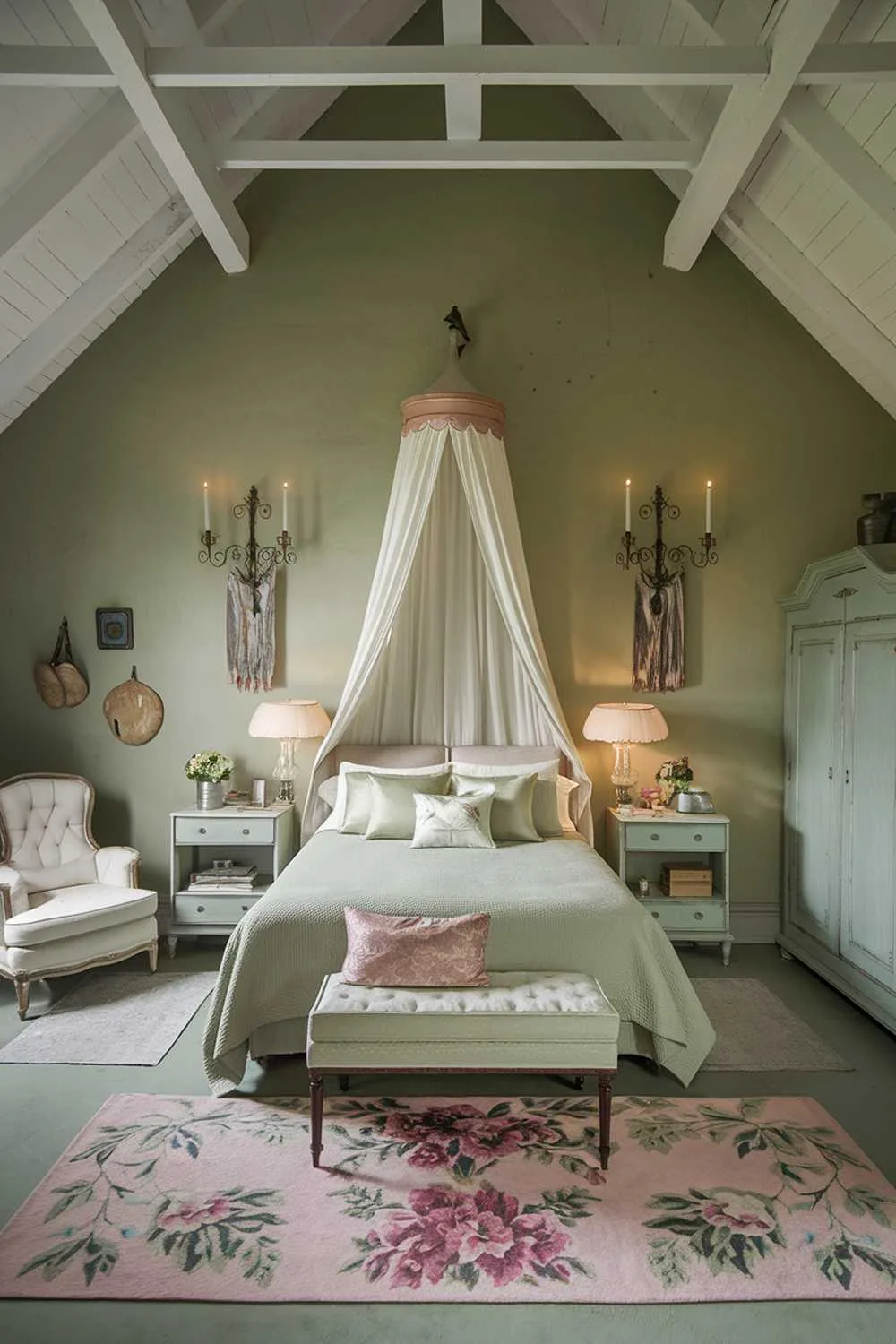 27 Must-See Sage Green Bedroom Ideas for Sweet Dreams 21 A sage green bedroom with a high ceiling and vintage elements. The room features a queen-sized bed with a white canopy. A pink floral rug is placed at the foot of the bed. There are two nightstands on either side of the bed, each with a lamp, a vase, and a decorative item. The room has a white chair in the corner and a wardrobe near the bed. The walls are adorned with vintage-style wall sconces with candles and a hanging decorative item.