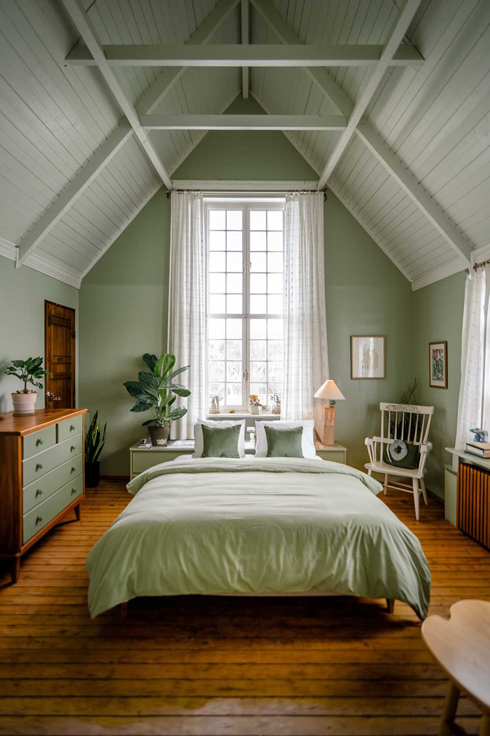 A sage green bedroom with a high ceiling. The room has a queen-sized bed with a white duvet and two green pillows. There's a white chair near the bed. A wooden dresser with green drawers is placed against the wall. A potted plant and a white lampshade sit on top of the dresser. The room has a large window with white curtains. The floor is made of wooden planks.