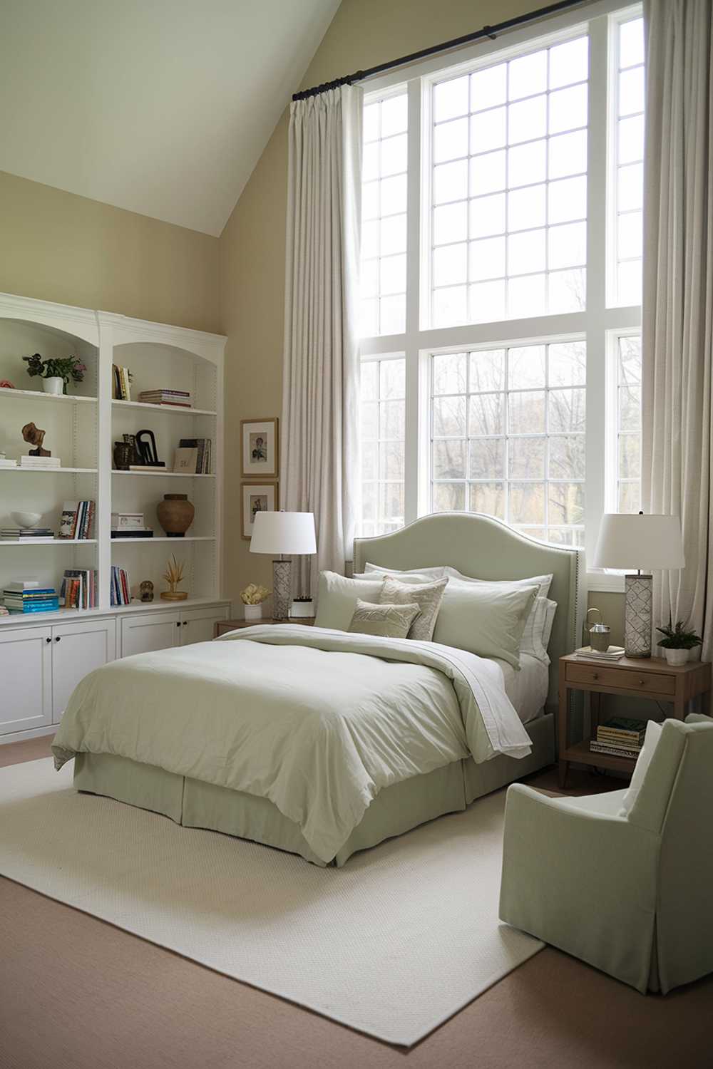 A sage green bedroom with a high ceiling and large windows. The room contains a queen-size bed with a white duvet and several pillows. There's a wooden nightstand on one side of the bed with a lamp. On the other side of the bed, there's a sage green chair. The room has a white rug underneath the bed and chair. The walls are painted in a light beige color. There's a white bookshelf on the left wall filled with books and decorative items. The windows have white curtains.