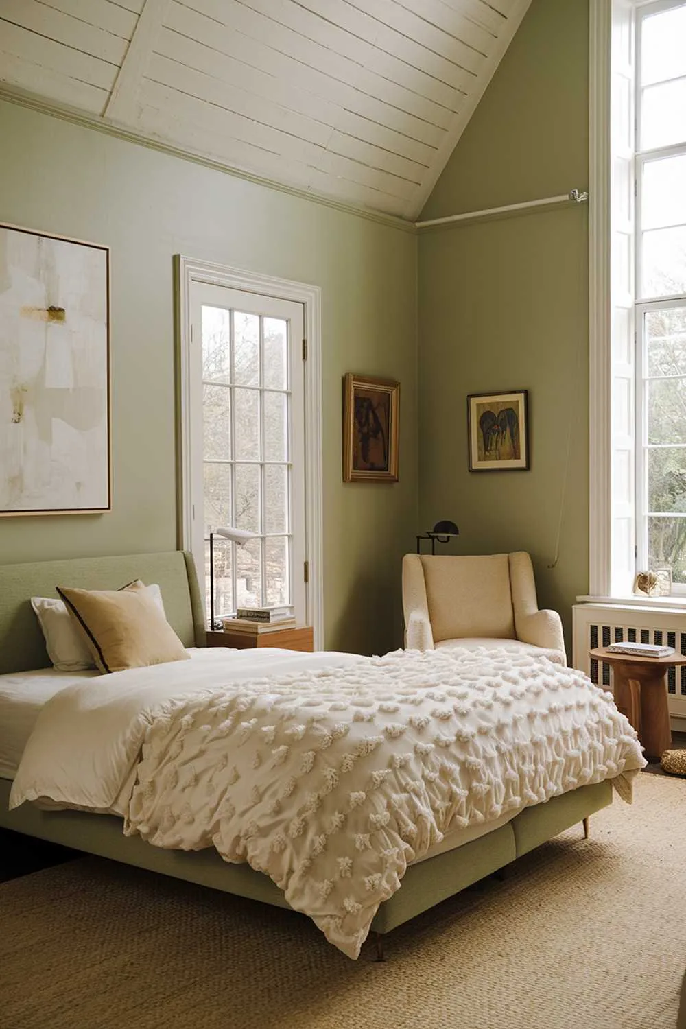 27 Must-See Sage Green Bedroom Ideas for Sweet Dreams 24 A cozy sage green bedroom with a high ceiling and a large window. The room has a queen-size bed with a plush white duvet and a beige pillow. There is a beige chair near the window. A wooden side table is placed between the bed and the chair. A small lamp is on the side table. The walls are adorned with a large, abstract painting and a small, framed artwork. The floor is covered with a beige rug.