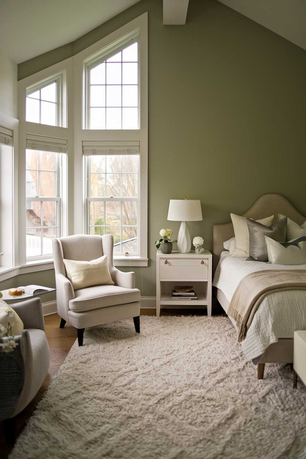 A cozy sage green bedroom with a high ceiling and large windows. The room has a plush white rug, a gray armchair with a white pillow, a white nightstand, and a white lamp. There is a white bed with a beige blanket and a gray throw pillow atop a beige bedspread. A beige chair with a white pillow is placed near the nightstand. The walls are painted sage green.