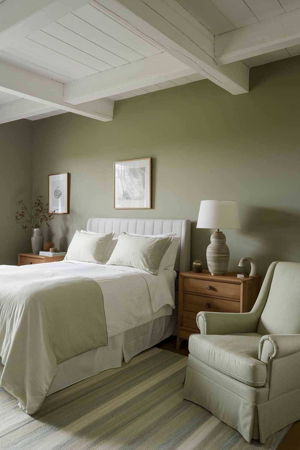 A sage green bedroom decor. The room has a queen-size bed with a white duvet and two pillows. There's a wooden nightstand beside the bed with a white lamp. A sage green armchair is placed near the bed. The walls are painted sage green. The ceiling has white wooden beams.