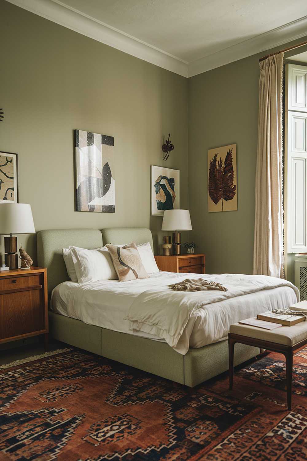 A sage green bedroom with stylish decor. The room has a double bed with a white duvet and a few pillows. There's a wooden bedside table on each side of the bed, each holding a lamp and a decorative object. The walls have a few pieces of art, and there's a large rug on the floor. The room has a window with curtains.