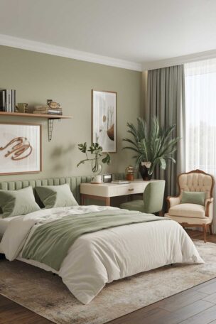 A sage green bedroom