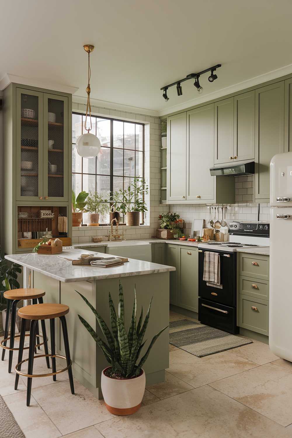 Cozy sage green kitchen featuring modern white island, marble top, and abundant natural light through large window